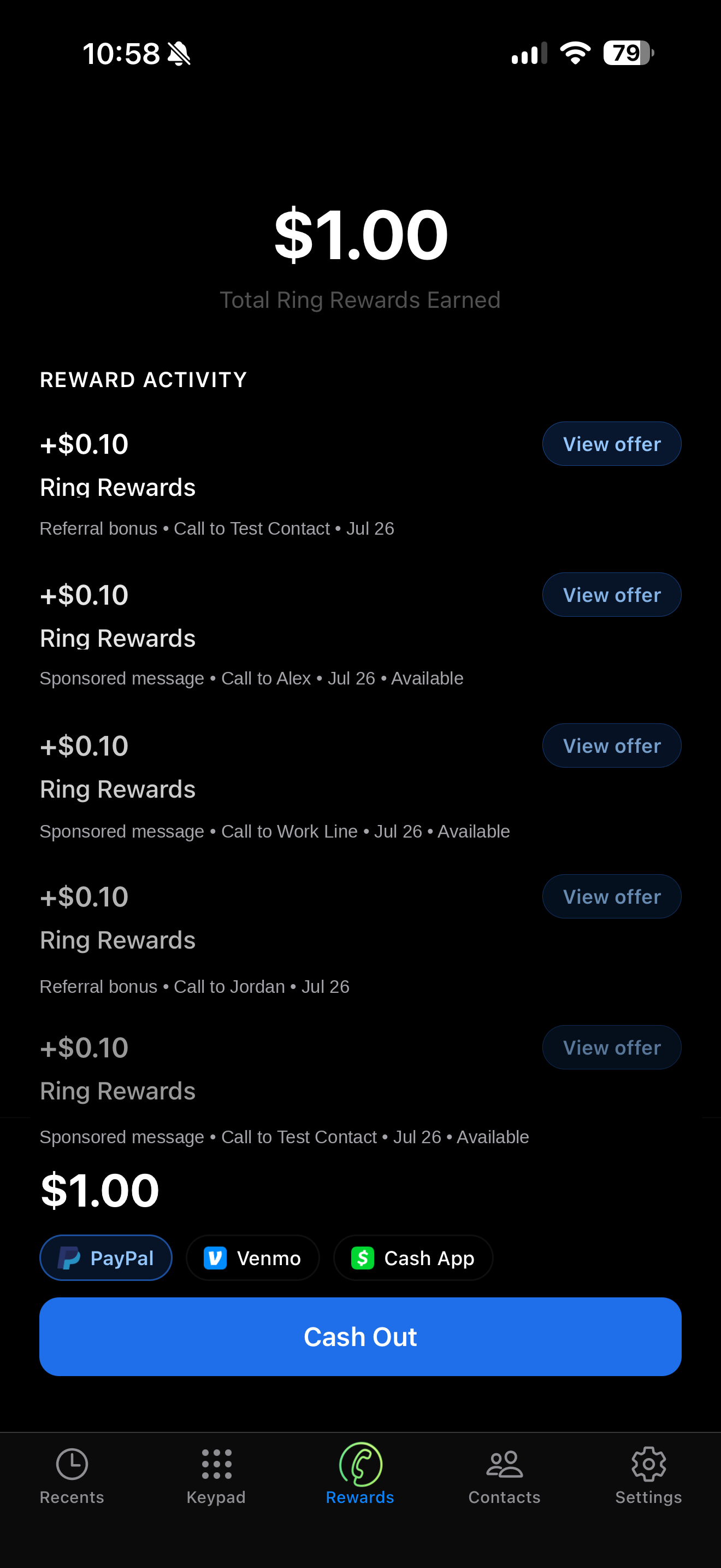 Ring Rewards balance and earnings screen
